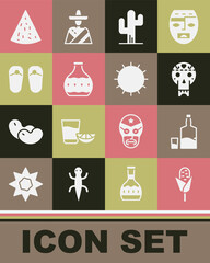 Wall Mural - set corn, tequila bottle and glass, mexican skull, cactus, flip flops, nachos and sun icon. vector