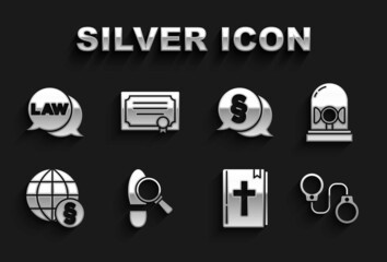 Sticker - Set Footsteps, Flasher siren, Handcuffs, Holy bible book, International law, Law, and Certificate template icon. Vector