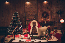 Photo Of Santa Claus Workplace Christmas Tree Desk Clothes Xmas Eve Holly Indoors Inside Home Apartment