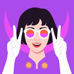 An Asian woman is smiling and showing a victory sign. A gesture. Bright vector flat illustration