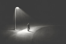 Abstract, Alone, Atmosphere, Black, Business, Businessman, City, Concept, Dark, Destination, Detective, Fear, Follow, Guide, Illustration, Lamp, Light, Loneliness, Man, Misty, Mystery, Night, Night Wa