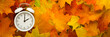 White alarm clock on colorful maple leaves background. Closeup. Time change concept. Wide banner. Empty place for text. Top down view.