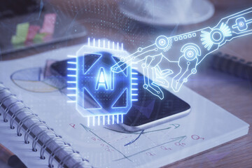 Double exposure of data theme drawing and mobile phone background. Concept of innovation