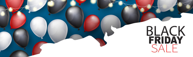 Wall Mural - Black Friday banner or newsletter header with shiny balloons and glowing lights garland on blue background. Vector illustration.