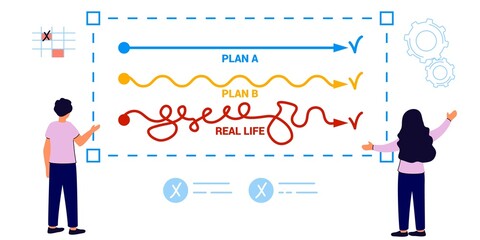 Plan B concept Smooth route A and rough B vs messy real life Business team choosing plan A or plan B direction Business strategy Vector illustration Expectation planning and reality implementation