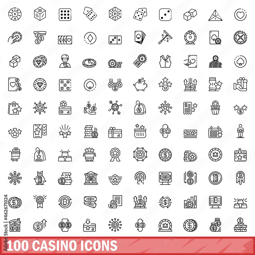 100 casino icons set. Outline illustration of 100 casino icons vector set isolated on white background