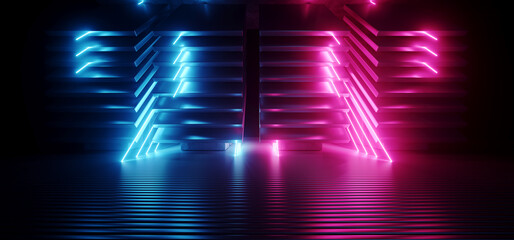 Neon Sci Fi Futuristic Alien Spaceship Modern Vibrant Purple Blue Glowing Laser Beams Metal Glossy Plates Dark Empty Podium Club Party 3D Rendering