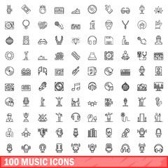 Wall Mural - 100 music icons set. Outline illustration of 100 music icons vector set isolated on white background