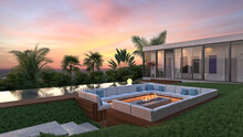 3D Rendering Of Contemporary Luxury Villa With Panorama On The Sea, Swimming Pool And Exterior Fireplace