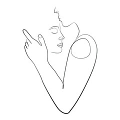 Canvas Print - Loving couple line art on white isolated background. A young man gently kisses his beloved woman on the forehead. 