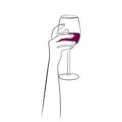 Woman's hand holding a glass of wine line art on white isolated background