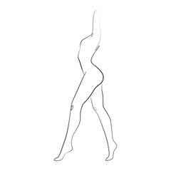 Canvas Print - Silhouette of walking nude young woman line art on white isolated background