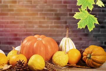 Wall Mural - Autumn background decoration from leaves and pumpkin on dark background.