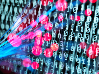 Cyber Attack, Fibre optics containing a virus infecting a computer