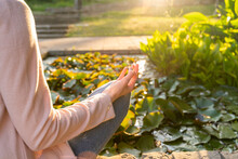 Young Woman Meditationg In A Park, Mudra