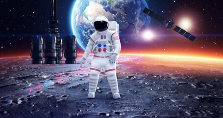 Wall Mural - astronaut feeling dizzy on a planet far from earth. planet earth on background. space and technology