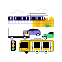 Wall Mural - Urban transport abstract concept vector illustration. Public transport system, urban busy roads, car traffic, platform of subway station, bus stop, people waiting, metro railway abstract metaphor.