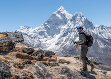 Nepal, Solo Khumbu, Everest, Mountaineer Walking At Dingboche