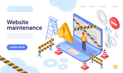 Wall Mural - Website maintenance. Man in uniform standing on laptop and troubleshooting website or program. Technical support. Landing page. Cartoon isometric vector illustration isolated on white background
