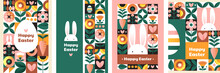 Set Of Easter Cards. Collection Of Holiday Icons. Website Decoration, Graphic Elements. Holiday Covers, Posters, Banners, Greeting Card. Cartoon Flat Vector Illustration Isolated On White Background