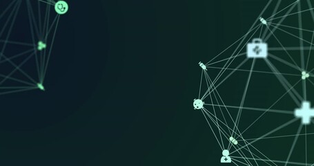 Wall Mural - animation of globes with network of connections with digital icons over green background