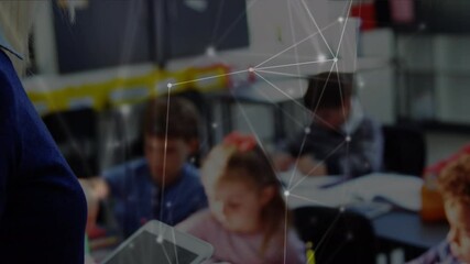 Wall Mural - Animation of network of connections over happy diverse teacher and schoolchildren