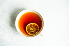 Overhead View Of A Cup Of Tea With A Slice Of Lemon
