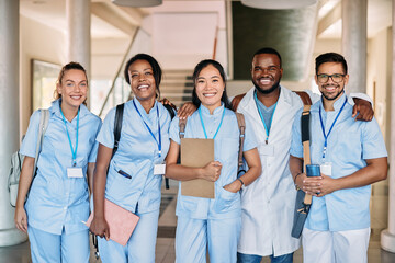 Wall Mural - Portrait of happy multiracial medical students look at camera.