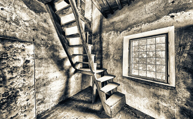 Poster - Old wooden stairs in abandoned home with window