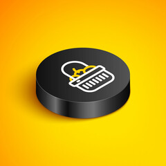 Sticker - Isometric line Shopping basket and food icon isolated on yellow background. Food store, supermarket. Black circle button. Vector