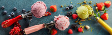 Assorted Ice Cream On Scoop And Fresh Fruits