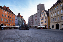 Town Square Amidst Buildings Against Sky In City, Regensburg, Germany