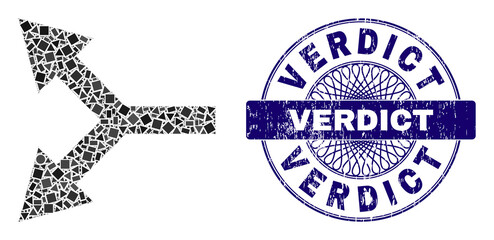 Geometric collage bifurcation arrow left, and Verdict unclean stamp. Blue stamp seal contains Verdict title inside circle form. Vector bifurcation arrow left collage is formed from random spheric,