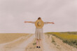© Westend61 - Rear view of woman with straw hat and vintage dress on a remote field road in the countryside
