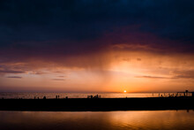 Russia, Sochi, Rainfall Over The Sea At Sunset