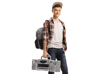 Wall Mural - Teenager holding a boombox radio and carrying a backpack