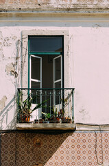 Poster - Vertical shot of a balcony with plant vases and half-open glassy doors on a white aged wall