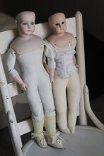 Pair Of Vintage Dolls On Vintage Chair - Doll Parts