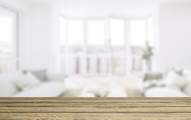 Poster - wood table top with blur kitchen room background