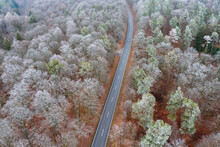 Germany, Bavaria, Drone View Of Asphalt Road Cutting Through Steigerwald Forest In Winter