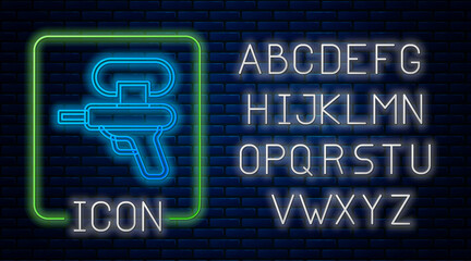 Poster - Glowing neon Water gun icon isolated on brick wall background. Neon light alphabet. Vector