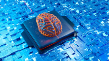 3D Illustration Of Brain On Circuit Board Over Neural Network