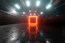 Three Dimensional Render Of Red Glowing Square Inside Large Warehouse