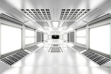 3D Rendered Illustration Of Empty Illuminated White Spaceship Corridor