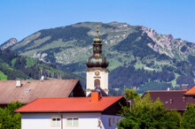 Austria, Tyrol, Tower Of Village Church In Tannheimer Tal