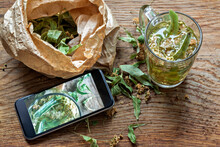 Fresh Lime Tea By Dried Linden Leaves In Paper Bag And Smartphone On Wooden Cutting Board