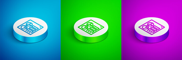 Isometric line Computer api interface icon isolated on blue, green and purple background. Application programming interface API technology. Software integration. White circle button. Vector