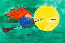 Children's Painting Of Redheaded Witch Riding On Broom At Full Moon