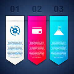 Sticker - Set Gear and arrows as workflow, Credit card and Mountains flag. Business infographic template. Vector