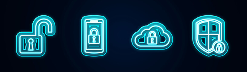 Set line Open padlock, Smartphone with, Cloud computing and Shield security. Glowing neon icon. Vector